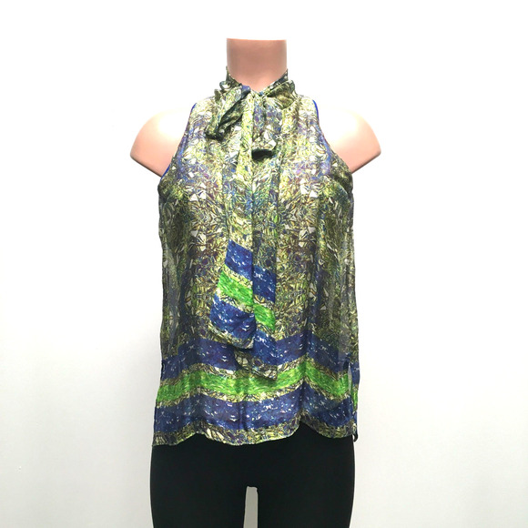 Analili Womens Green Blue Printed Tie Neck Sleeveless Side Slit Abbey Blouse XS - Picture 1 of 7